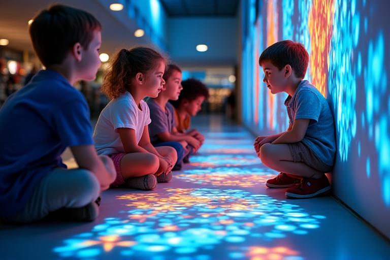 市立図書館で子供たちがプロジェクションマッピングを使って学んでいる様子