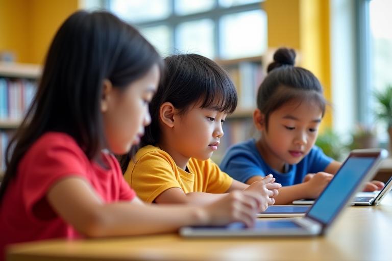 甲南小学校の図書館でタブレット学習する生徒たち