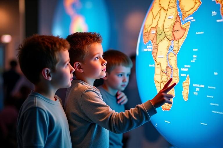 科学博物館で子供たちがインタラクティブな地球儀に触れている