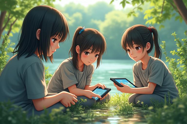 森林湖学園の生徒がタブレットで自然観察をしている風景