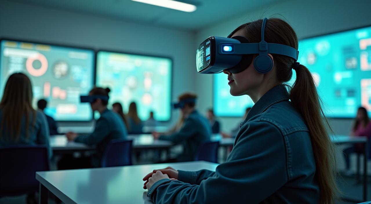 未来的な教室でVRヘッドセットを使う学生